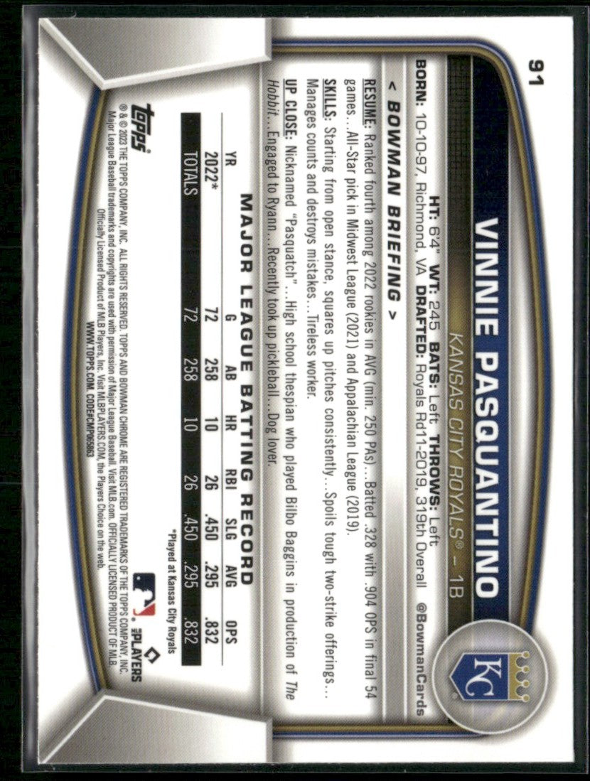 Vinnie Pasquantino 2023 Bowman Chrome Variation RC #91 Kansas City Royals