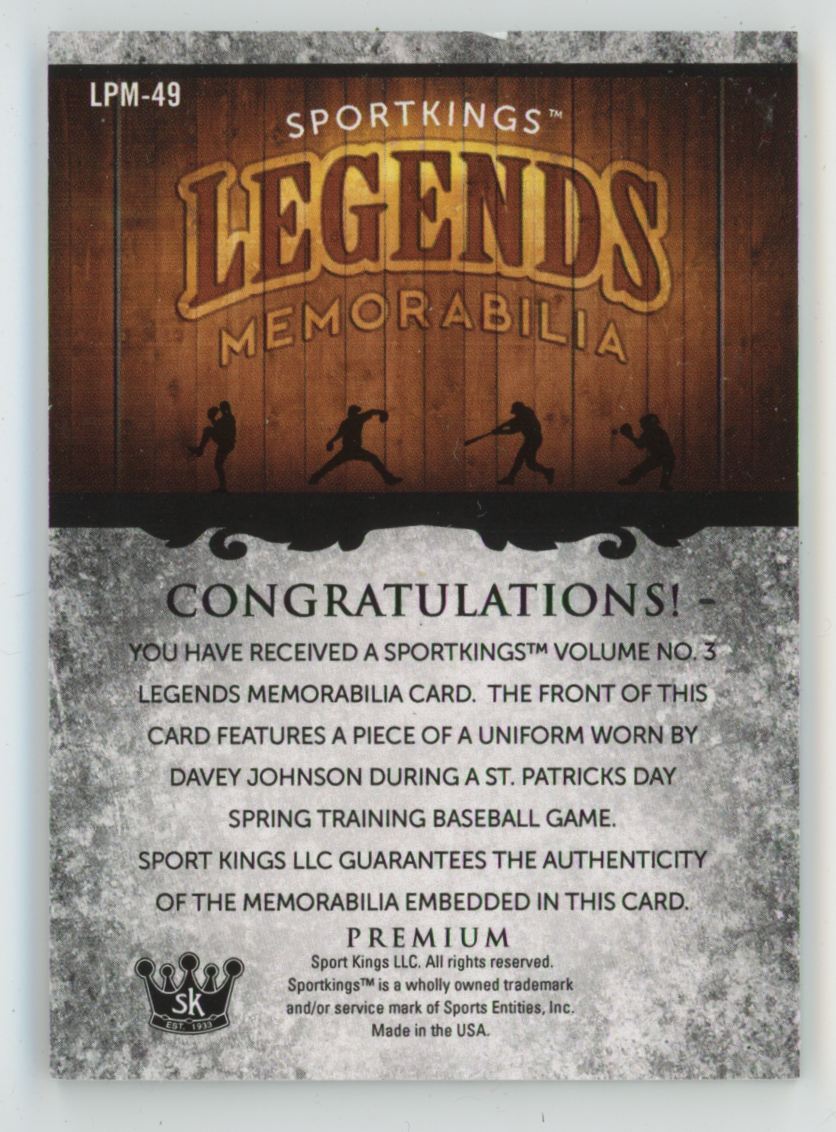 Davey Johnson 2012 SportKings Volume 3 Legends Jersey #LPM-49 Atlanta Braves