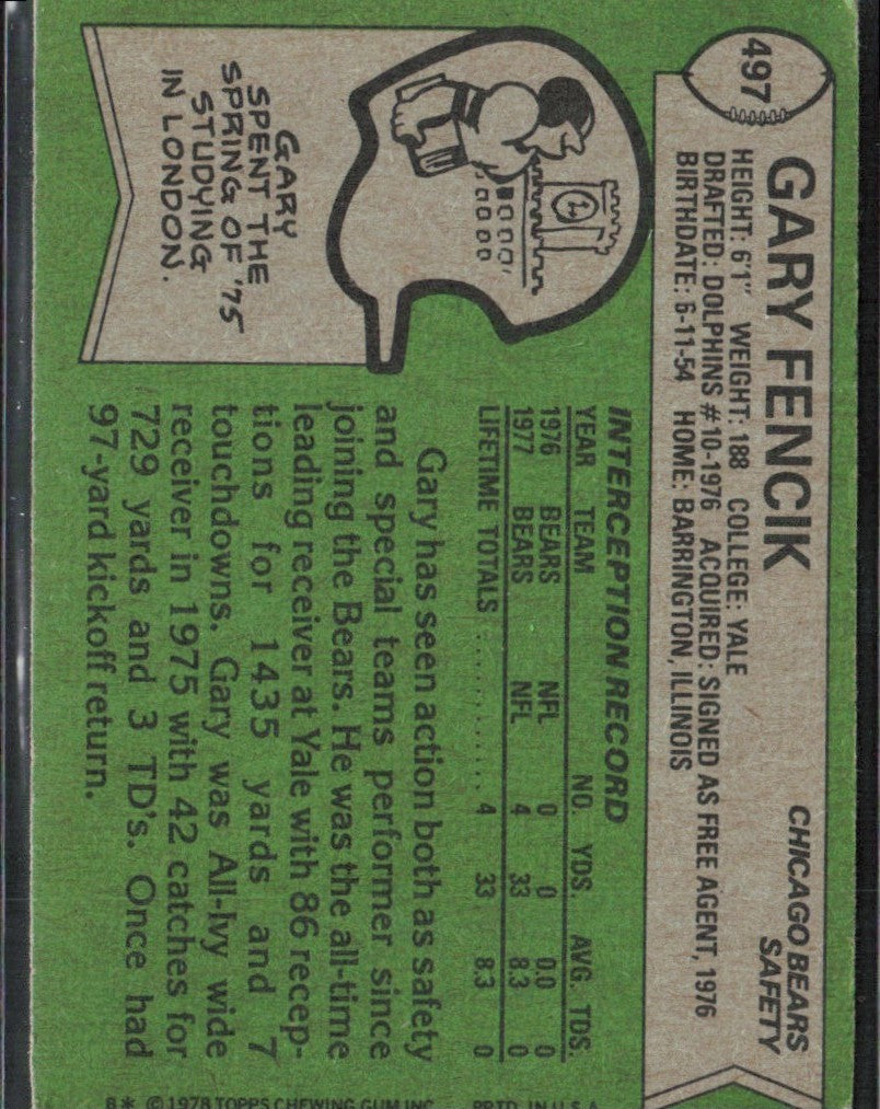 Gary Fencik 1978 Topps Football RC #497 Chicago Bears
