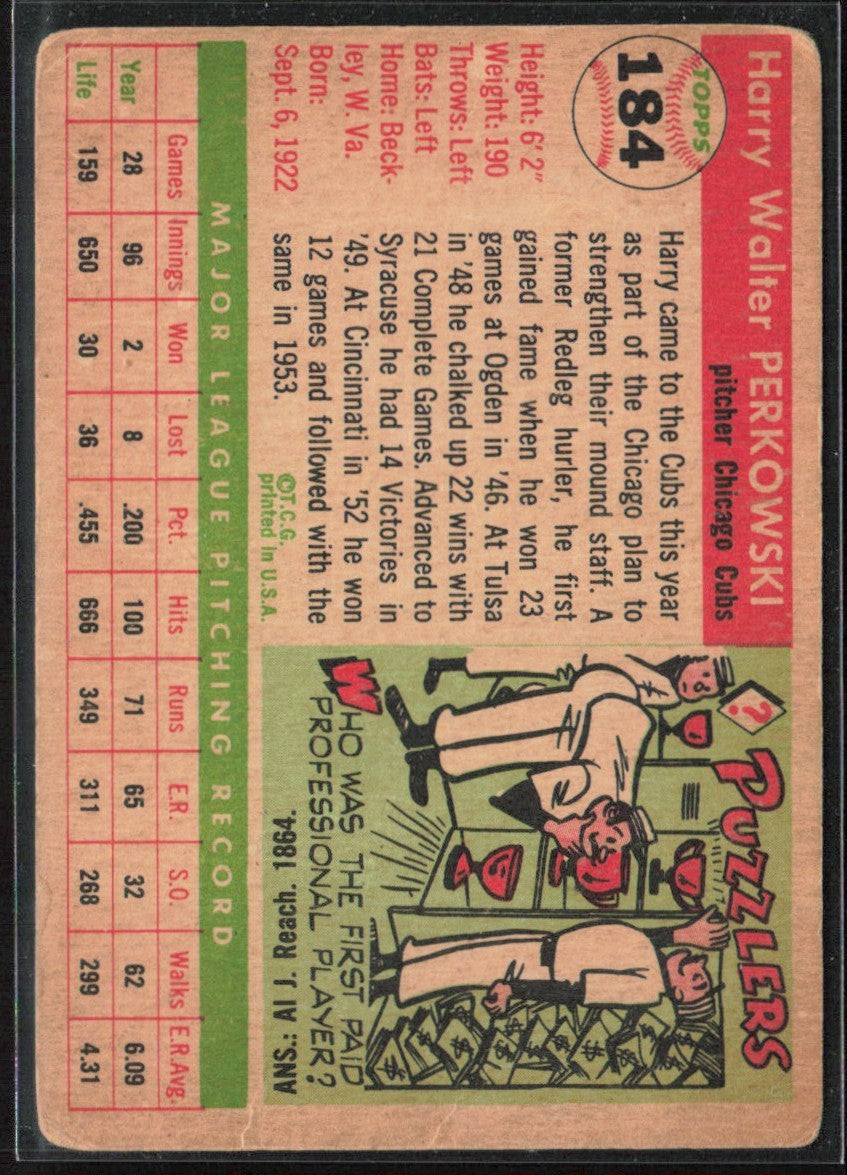 Harry Perkowski 1955 Topps #184 Chicago Cubs