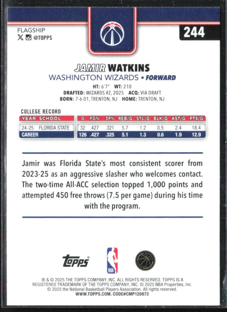 Jamir Watkins 2025 Topps Holo Foil RC #244 Washington Wizards