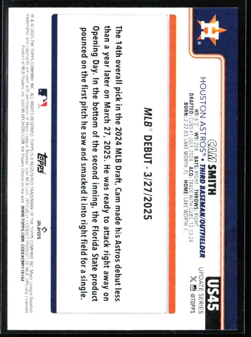 Cam Smith 2025 Topps Update RC #US45 Houston Astros