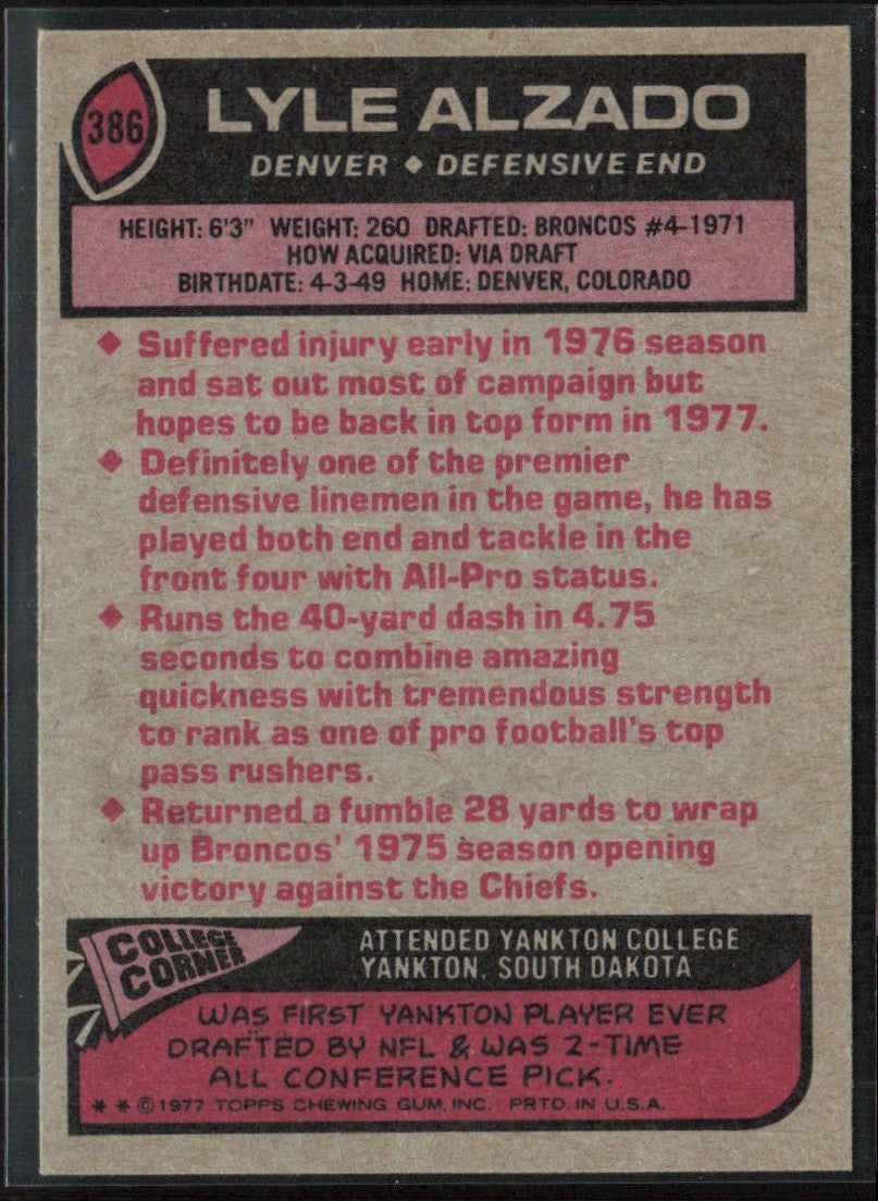 Lyle Alzado 1977 Topps #386 Denver Broncos