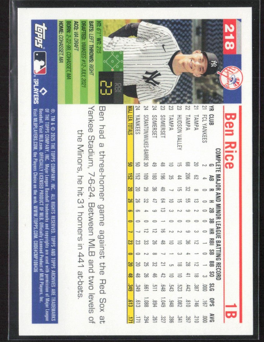 Ben Rice 2025 Topps Archives 2005 Topps RC #218 New York Yankees