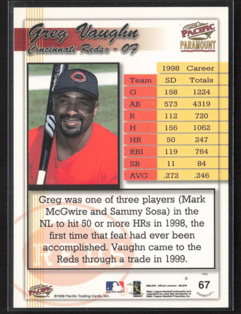 Greg Vaughn 1999 Pacific Paramount Holo-Gold /199 #67 Cincinnati Reds