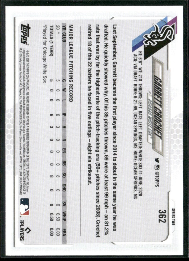 Garrett Crochet 2021 Topps RC #362 Chicago White Sox