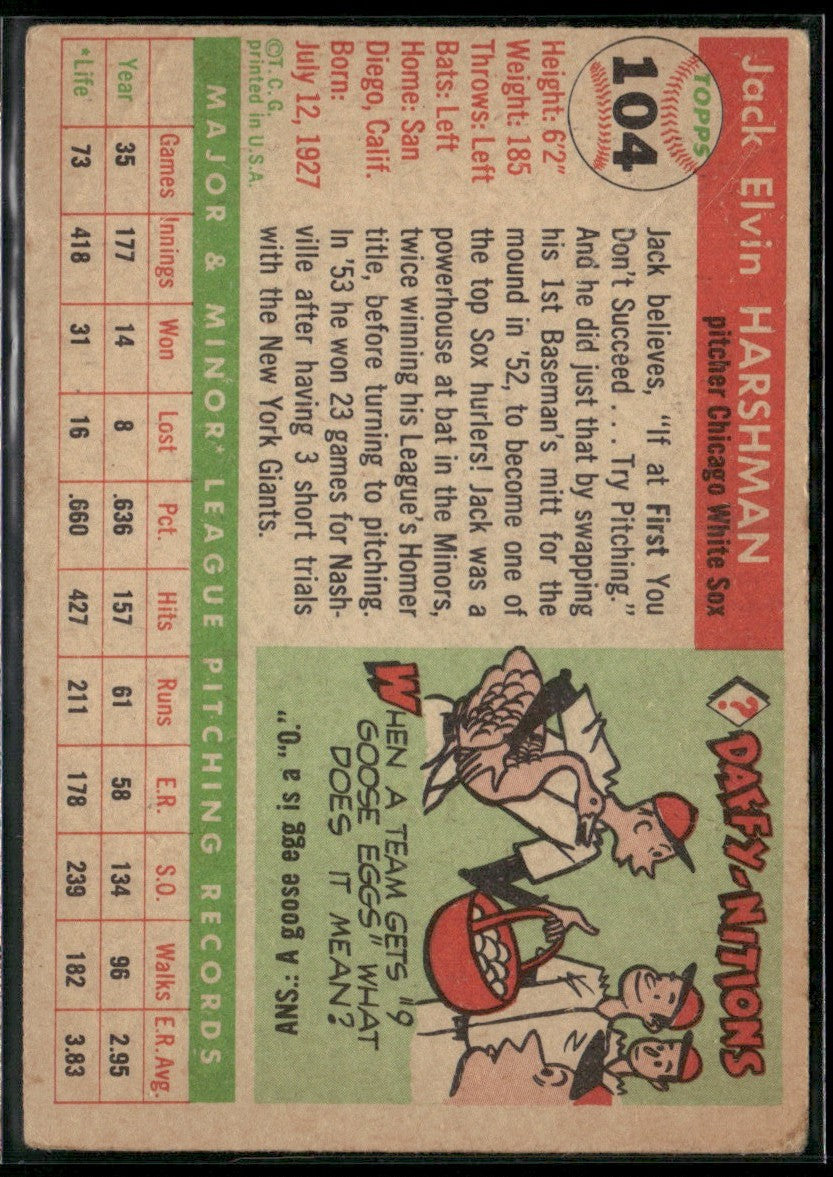 Jack Harshman 1955 Topps #104 Chicago White Sox