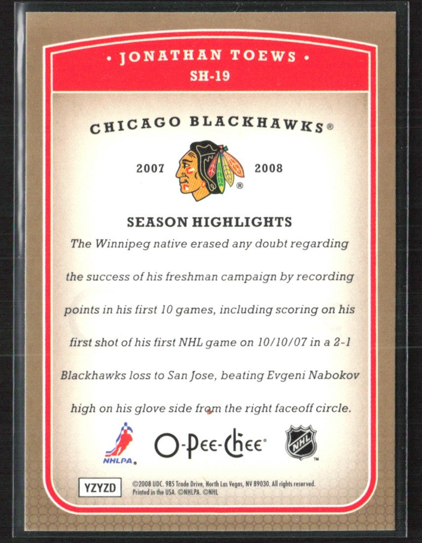 Jonathan Toews 2008 O-Pee-Chee Season Highlights #SH-19 Chicago Blackhawks