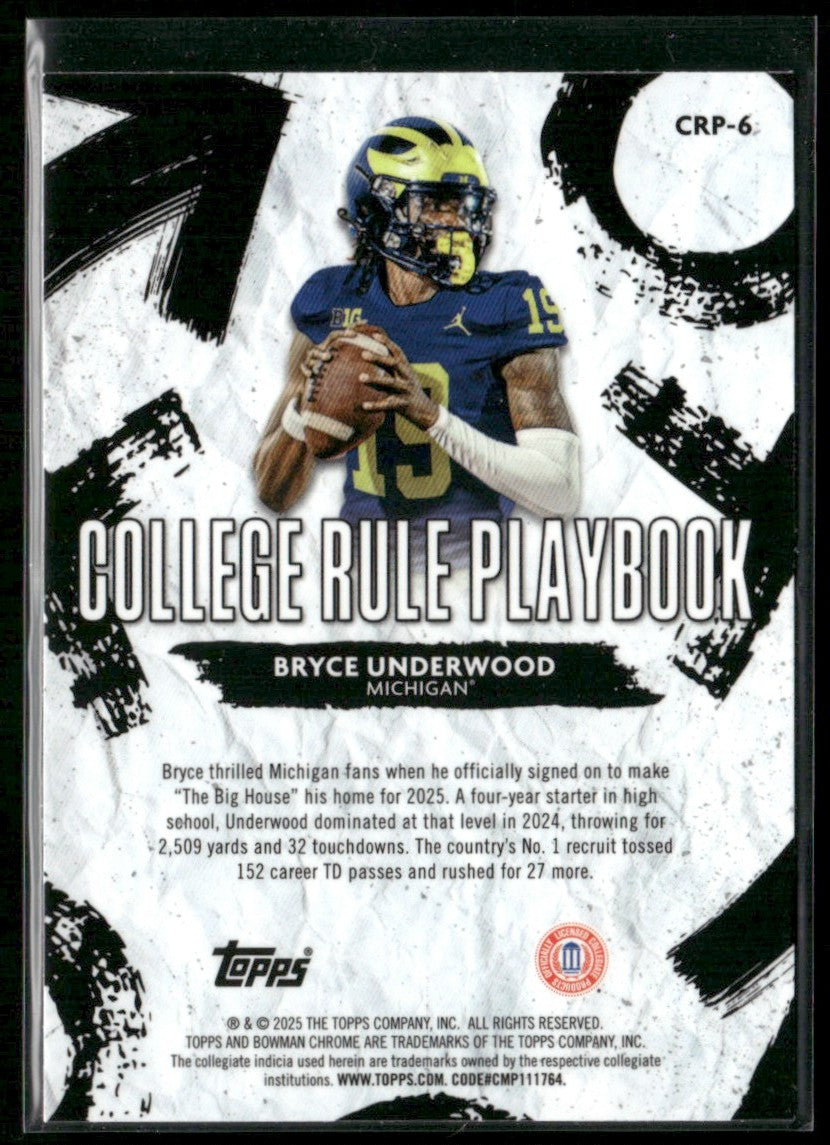 Bryce Underwood 2025 Bowman U Chrome College Rule Playbook #CRP-6