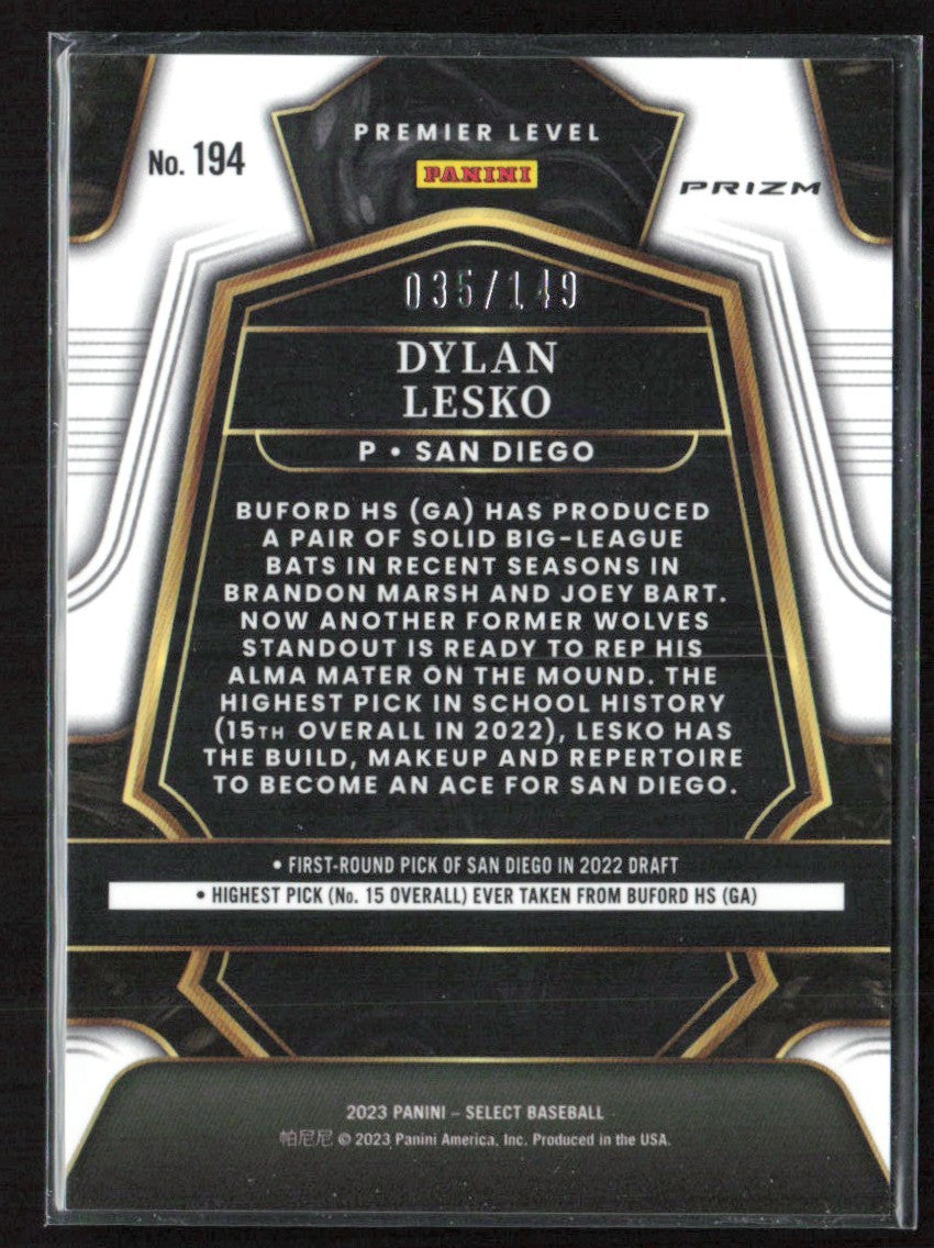 Dylan Lesko 2023 Panini Select Premier White Prizm /149 #194 San Diego Padres