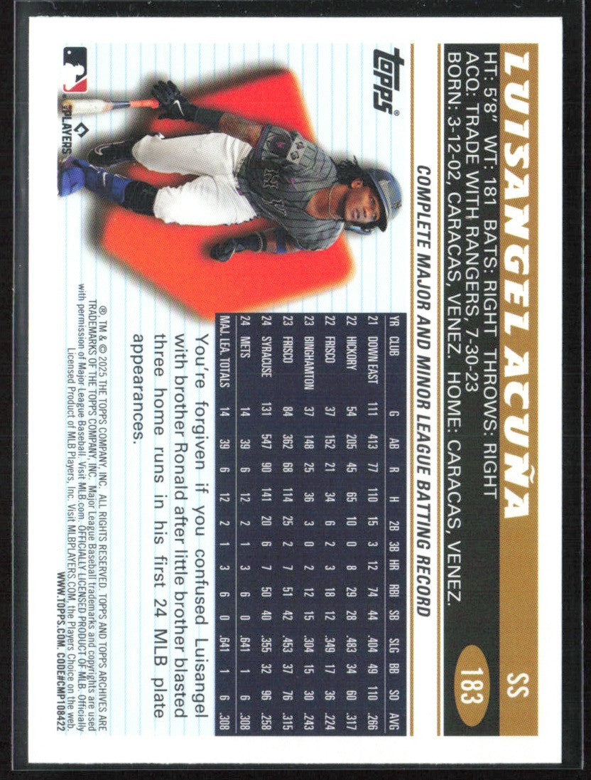 Luisangel Acuna 2025 Topps Archives RC #183 New York Mets