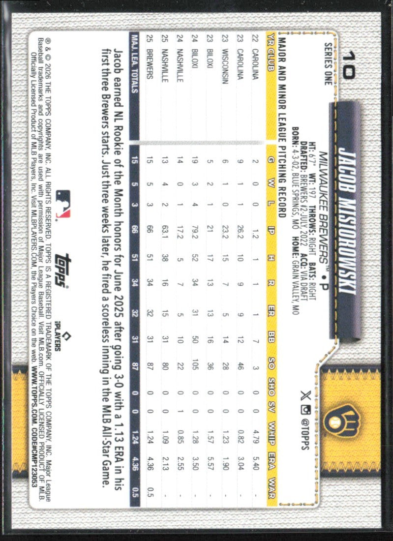 Jacob Misiorowski 2026 Topps RC #10 Milwaukee Brewers