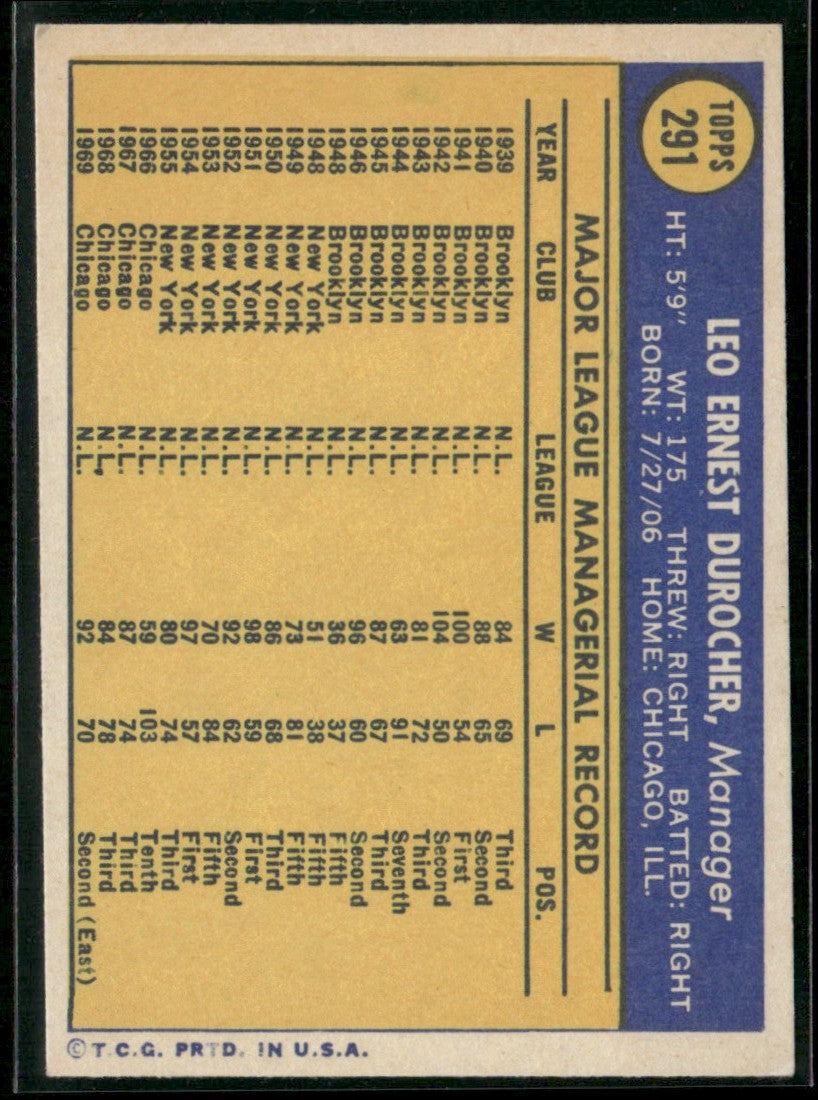 Leo Durocher 1970 Topps #291 Chicago Cubs