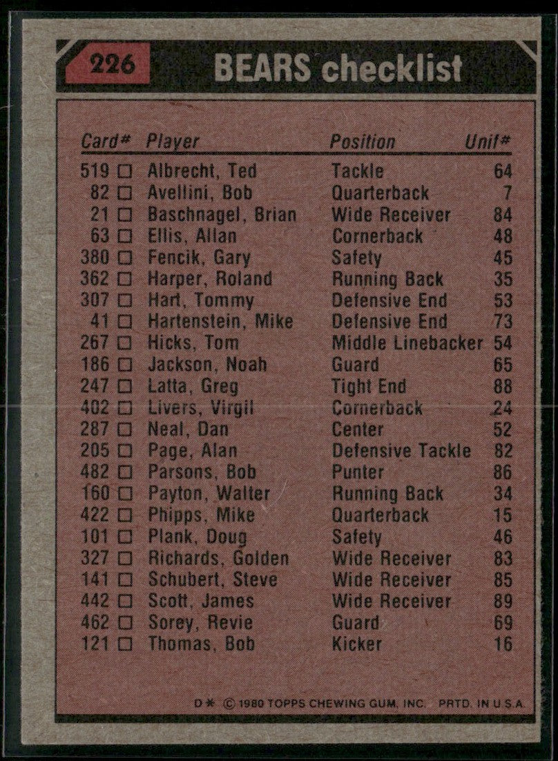 Walter Payton 1980 Topps #226 Chicago Bears