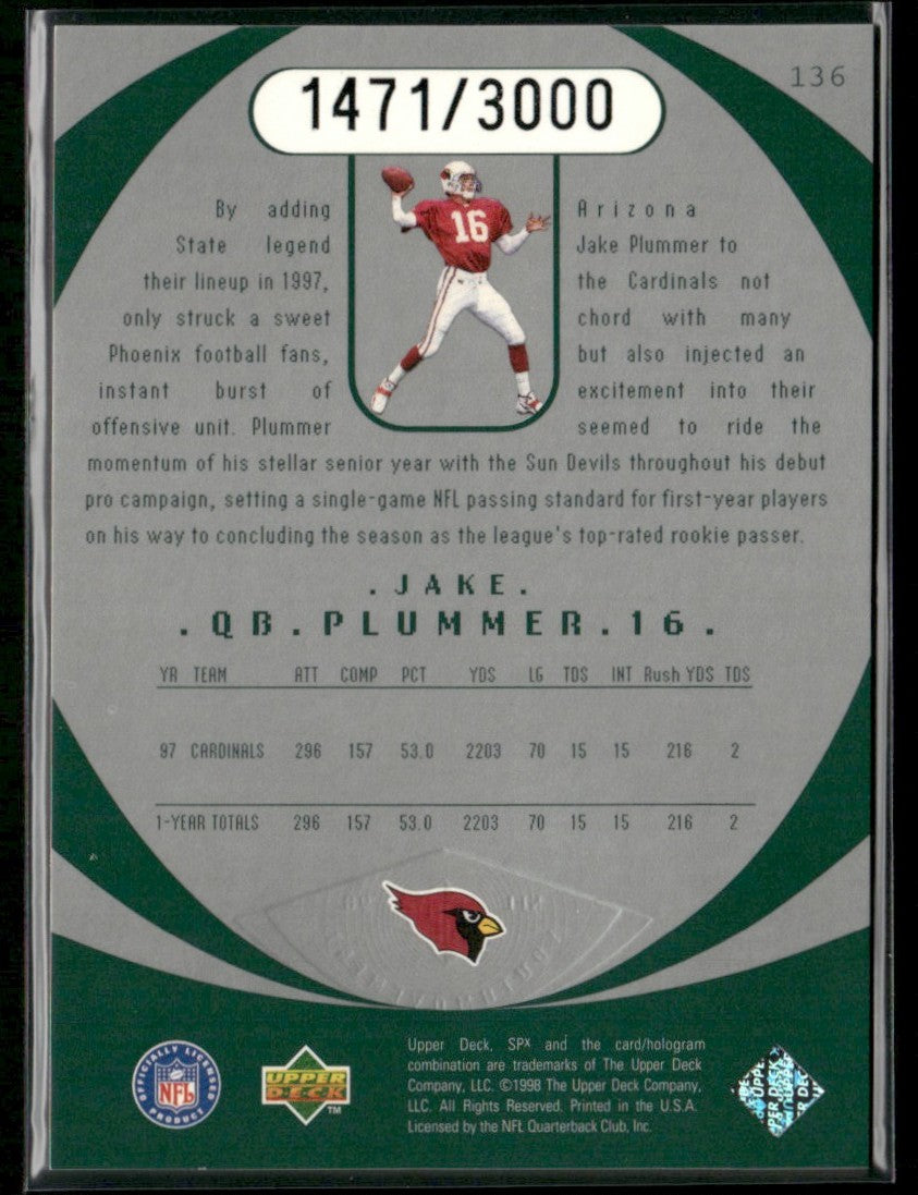 Jake Plummer 1998 SPx Finite /3000 #136 Arizona Cardinals