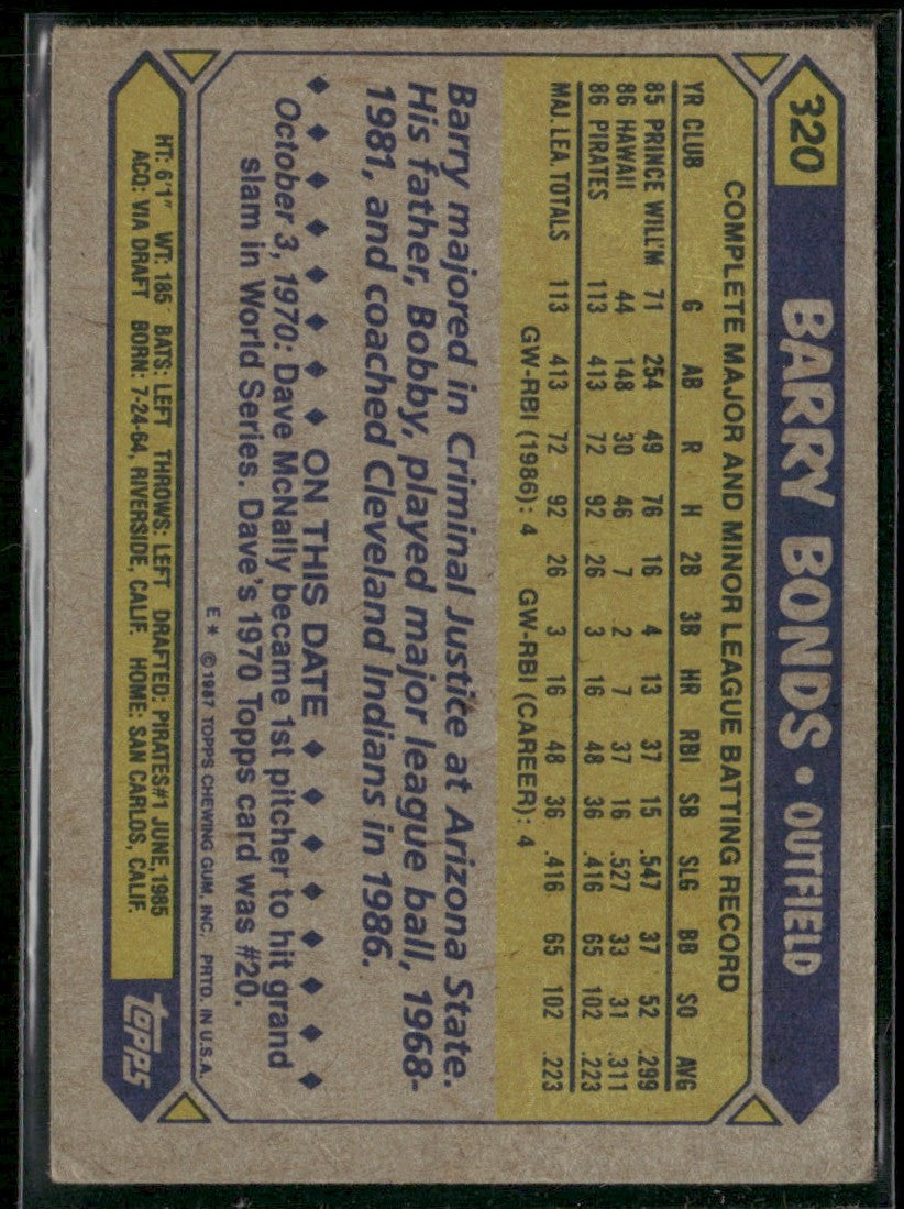 Barry Bonds 1987 Topps RC #320 Pittsburgh Pirates
