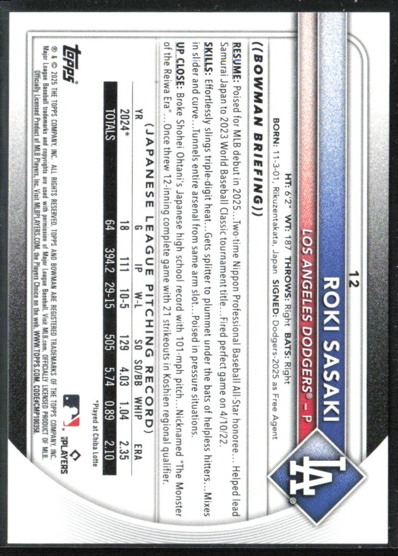 Roki Sasaki 2025 Bowman RC #12 Los Angeles Dodgers