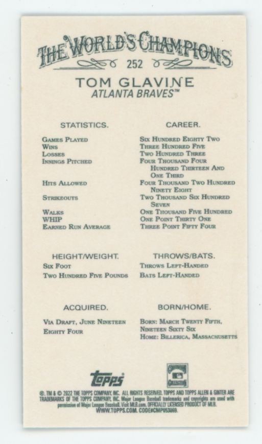 Tom Glavine 2022 Topps Allen & Ginter Mini Black #252 Atlanta Braves