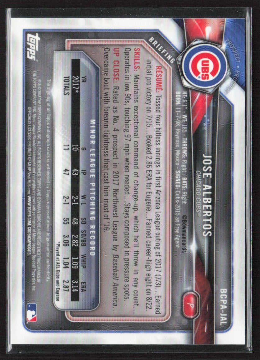 Jose Albertos 2018 Bowman Chrome AUTO #BCPA-JAL Chicago Cubs