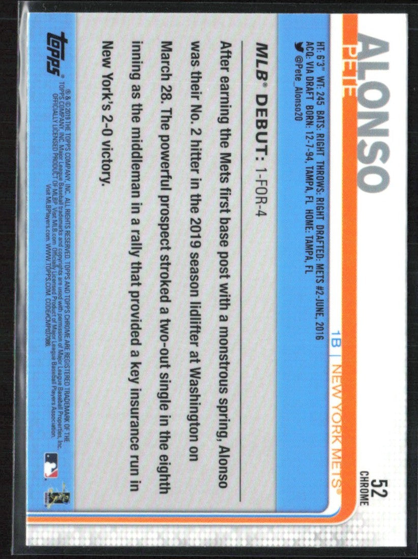Pete Alonso 2019 Topps Chrome Update RC #52 New York Mets