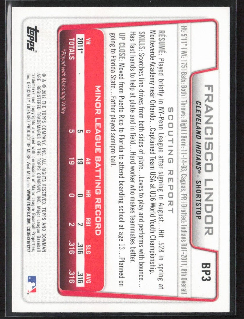 Francisco Lindor 2012 Bowman #BP3 Cleveland Indians
