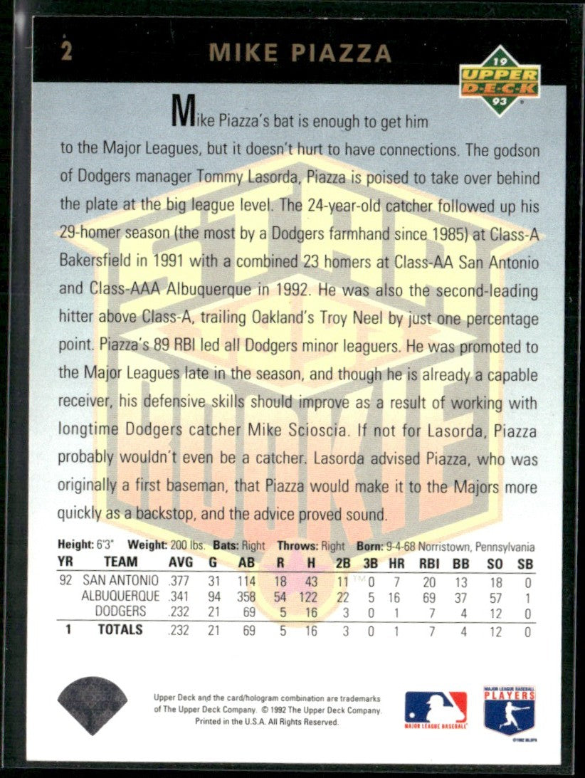 Mike Piazza 1993 Upper Deck RC #2 Los Angeles Dodgers