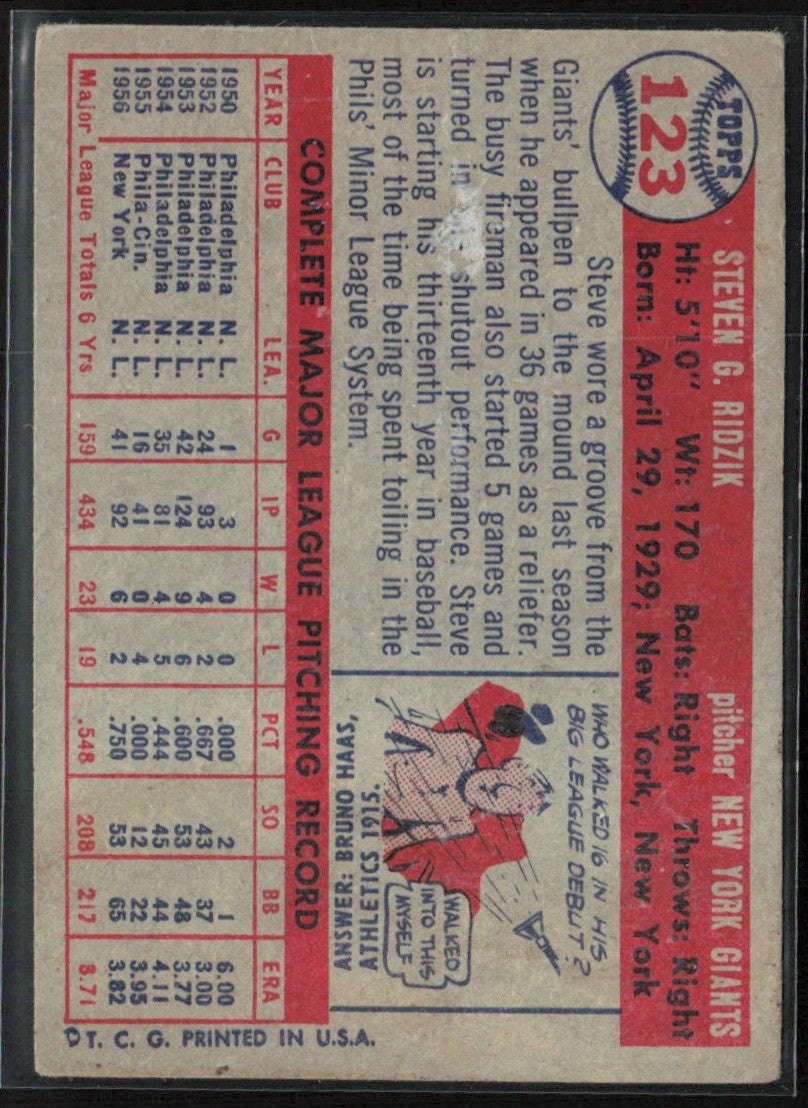 Steve Ridzik 1957 Topps #123 New York Giants
