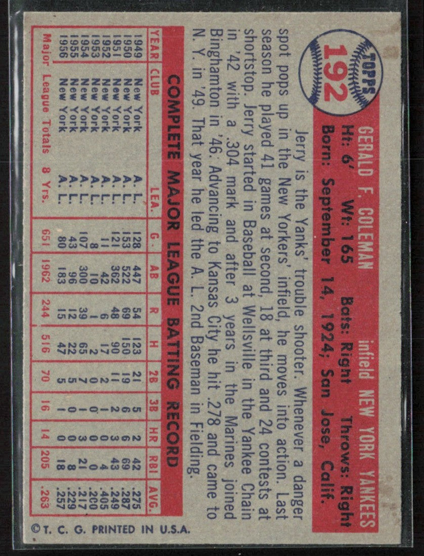 Jerry Coleman 1957 Topps #192 New York Yankees