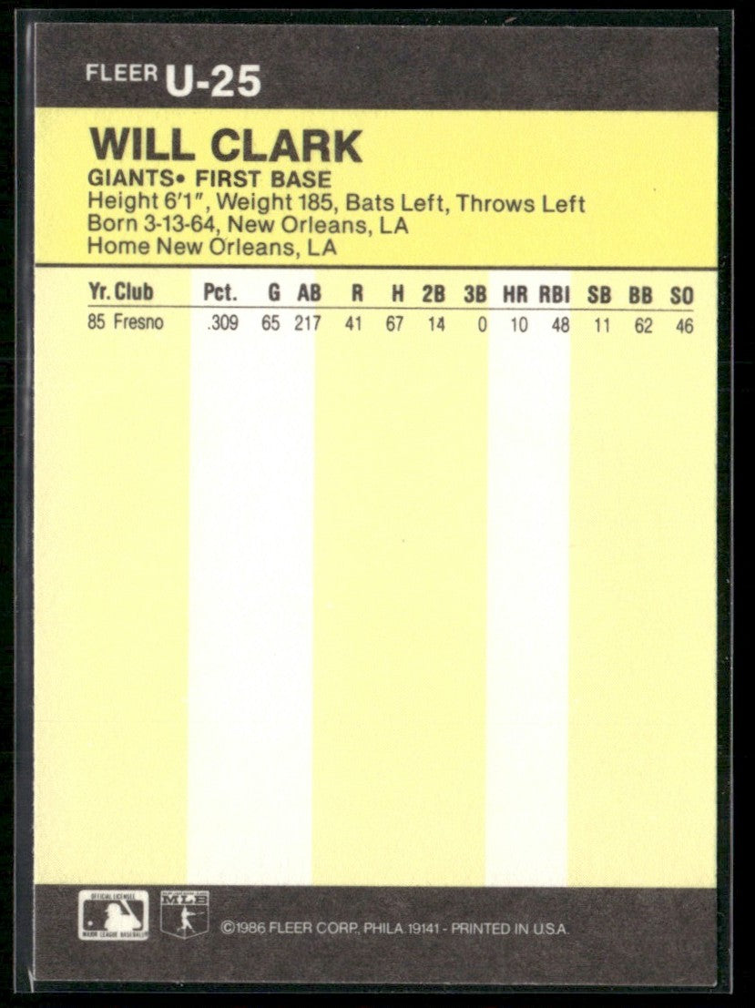Will Clark 1986 Fleer Update RC #U-25 San Francisco Giants