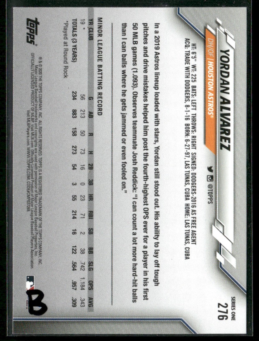 Yordan Alvarez 2020 Topps RC #276 Houston Astros