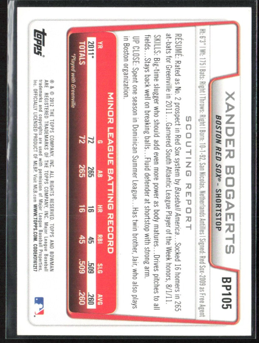 Xander Bogaerts 2012 Bowman 1st #BP105 Boston Red Sox