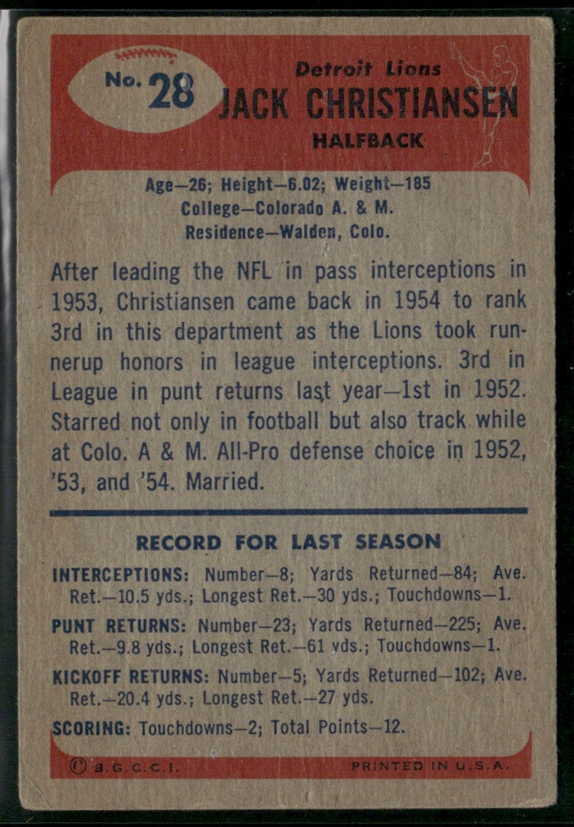 Jack Christiansen 1955 Bowman #28 Detroit Lions