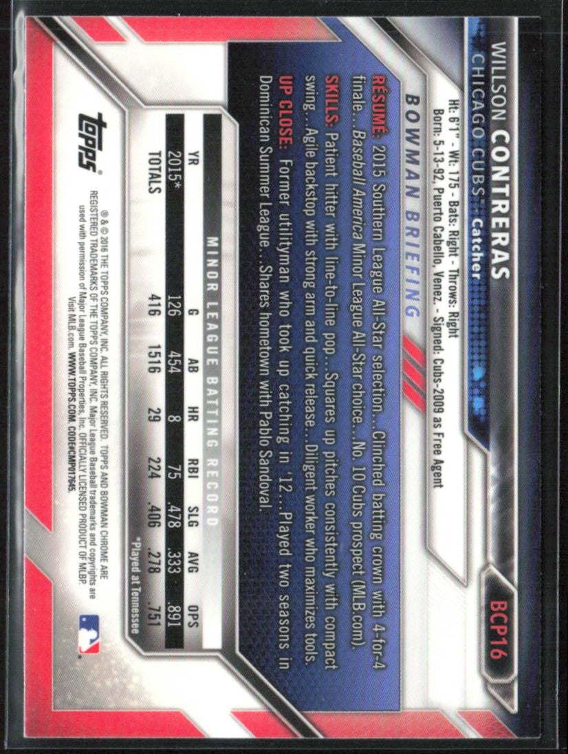 Willson Contreras 2016 Bowman Chrome Prospects #BCP16 Chicago Cubs