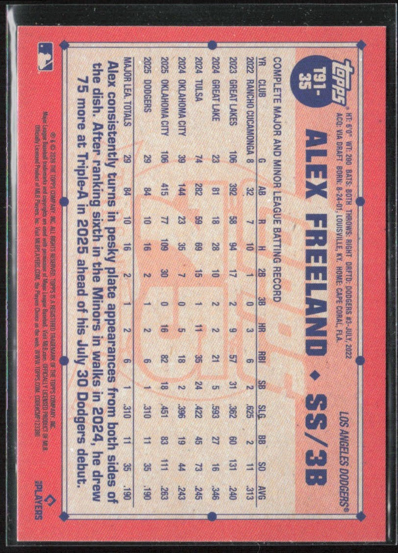 Alex Freeland 2026 Topps 1991 Foilboard RC #T91-35 Los Angeles Dodgers