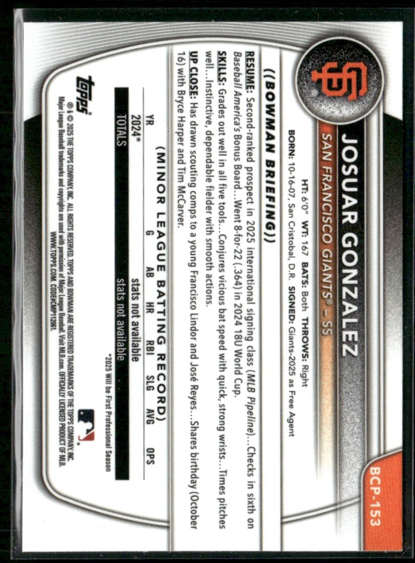 Josuar Gonzalez 2025 Bowman Chrome 1st #BCP-153 San Francisco Giants