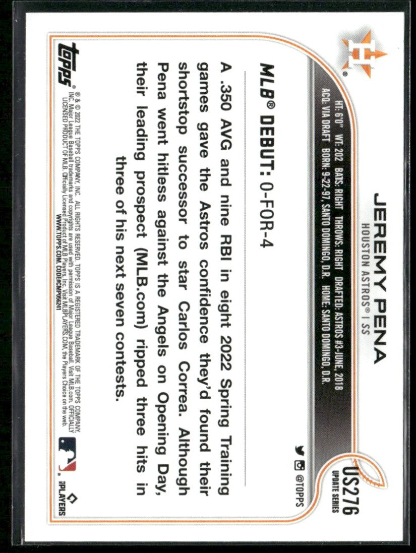 Jeremy Pena 2022 Topps Update RC #US276 Houston Astros
