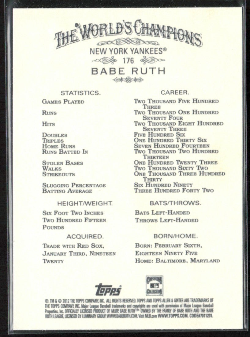 Babe Ruth 2012 Topps Allen & Ginter #176 New York Yankees