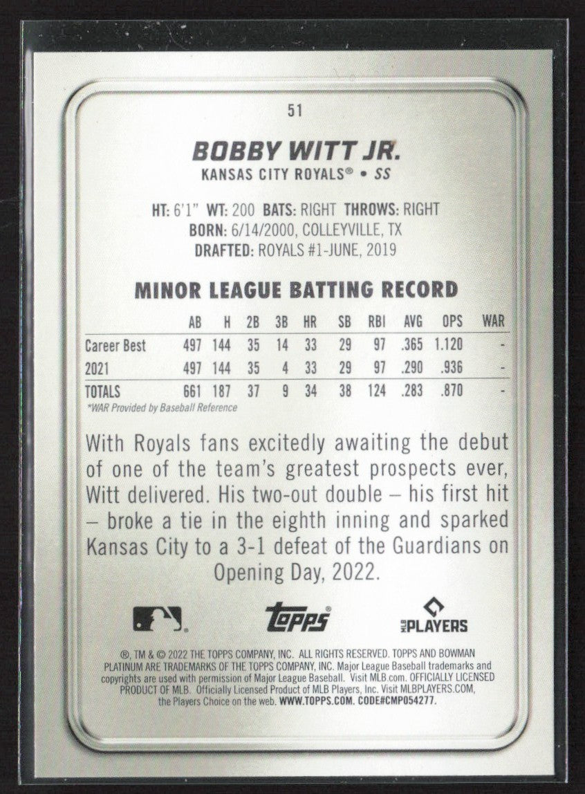 Bobby Witt Jr. 2022 Bowman Platinum RC #51 Kansas City Royals