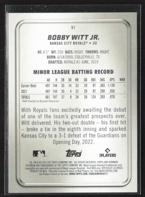 Bobby Witt Jr. 2022 Bowman Platinum RC #51 Kansas City Royals