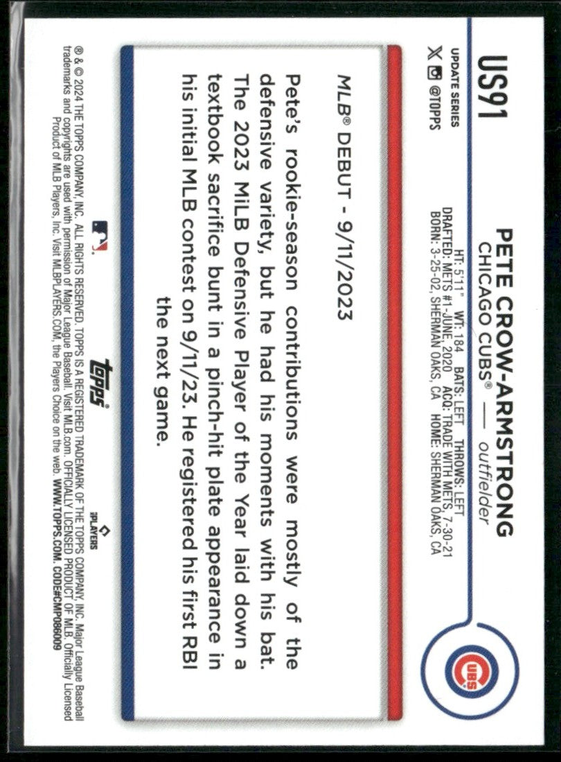 Pete Crow-Armstrong 2024 Topps Update RC #US91 Chicago Cubs