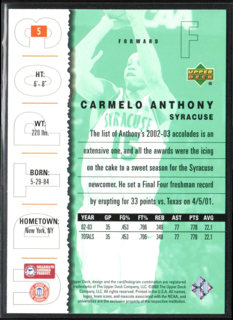 Carmelo Anthony 2003 UD Top Prospects #5 Syracuse Orangemen