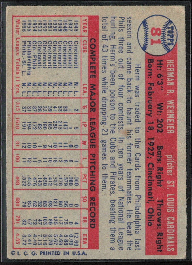 Herm Wehmeier 1957 Topps #81 St. Louis Cardinals