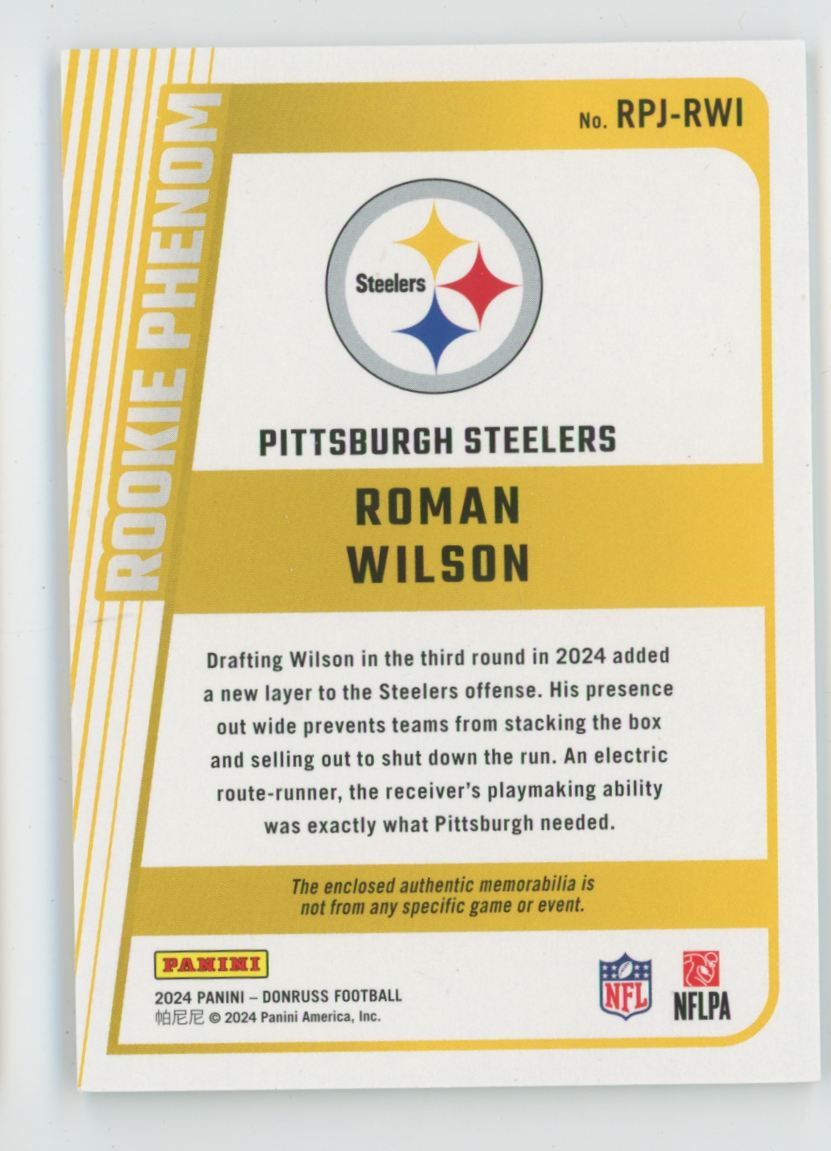 Roman Wilson 2024 Donruss Rookie Phenom RC Jersey #RPJ-RWI Pittsburgh Steelers