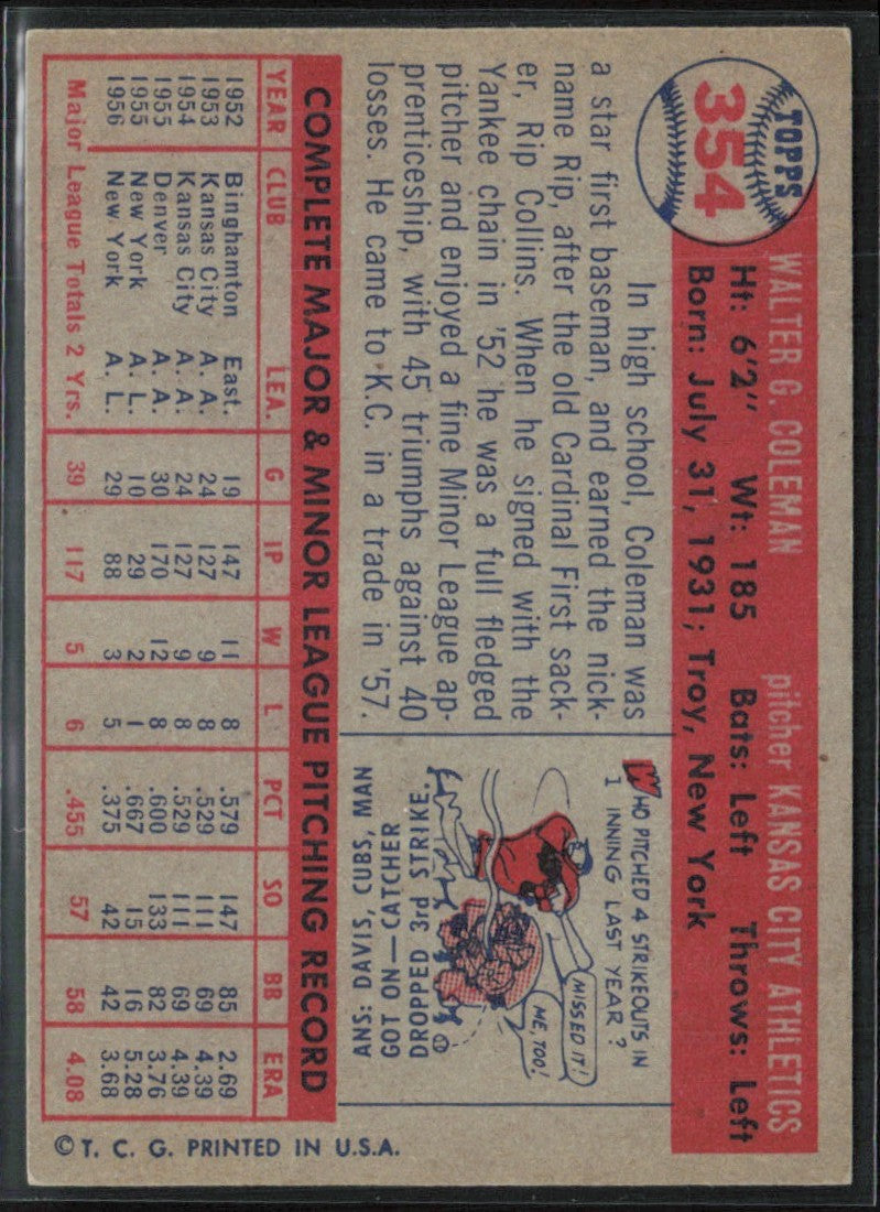 Rip Coleman 1957 Topps #354 Kansas City Athletics