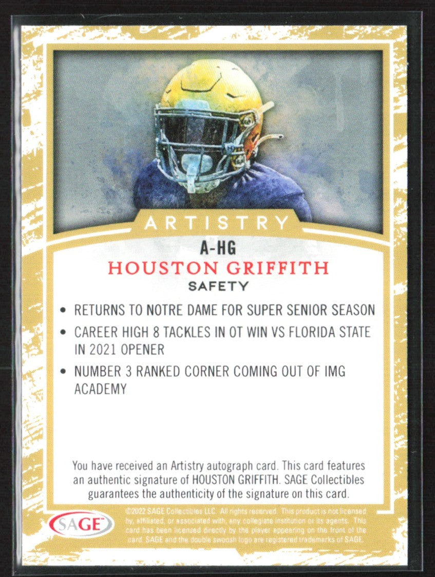 Houston Griffith 2022 SAGE Artistry AUTO #A-HG Notre Dame Fighting Irish