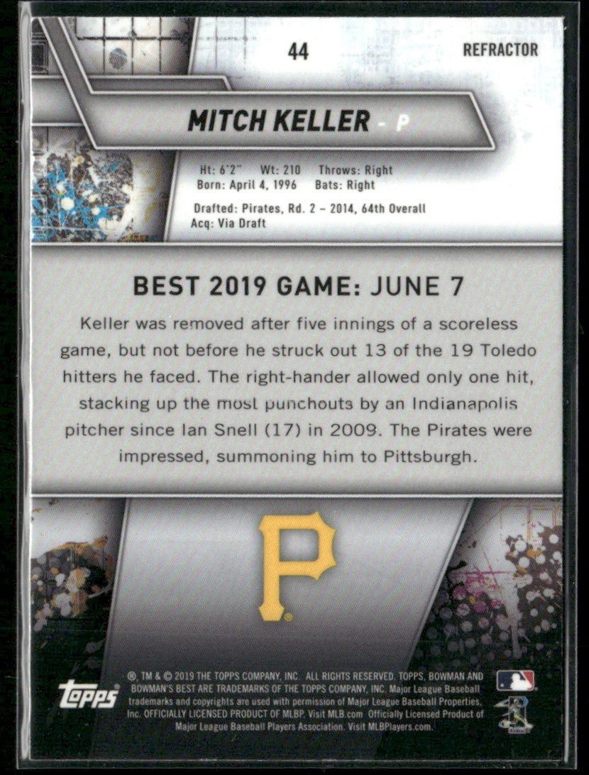 Mitch Keller 2019 Bowman's Best Refractor RC #44 Pittsburgh Pirates
