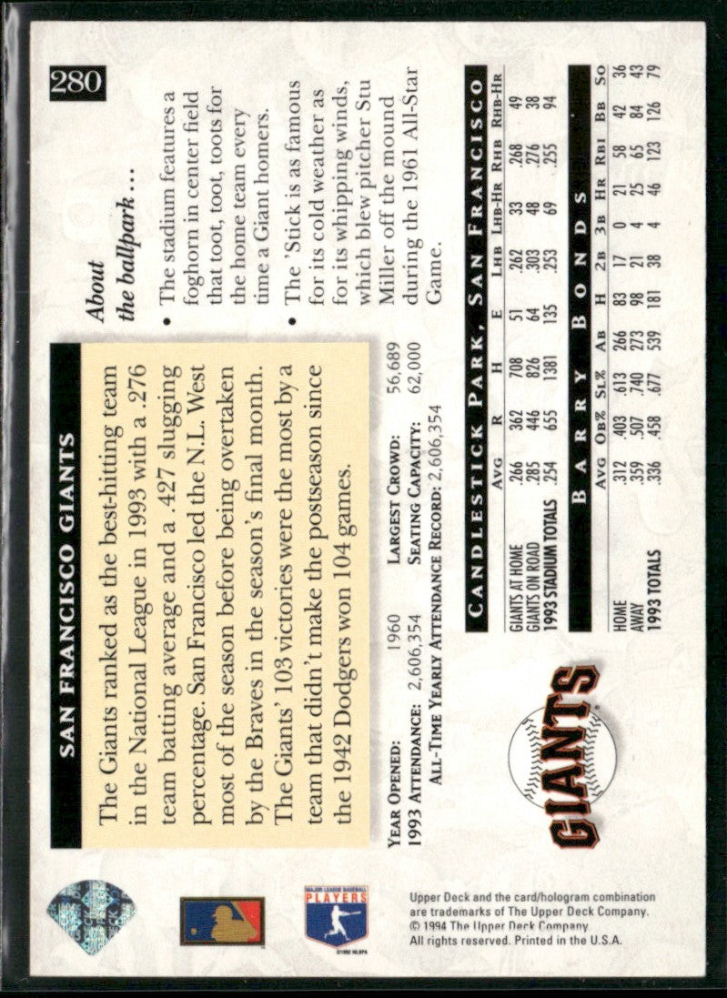 Barry Bonds 1994 Upper Deck Home Field Advantage Electric Diamond #280