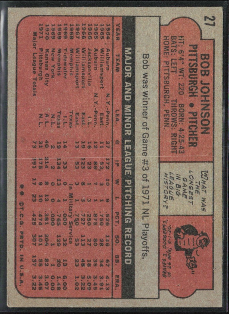 Bob Johnson 1972 Topps #27 Pittsburgh Pirates