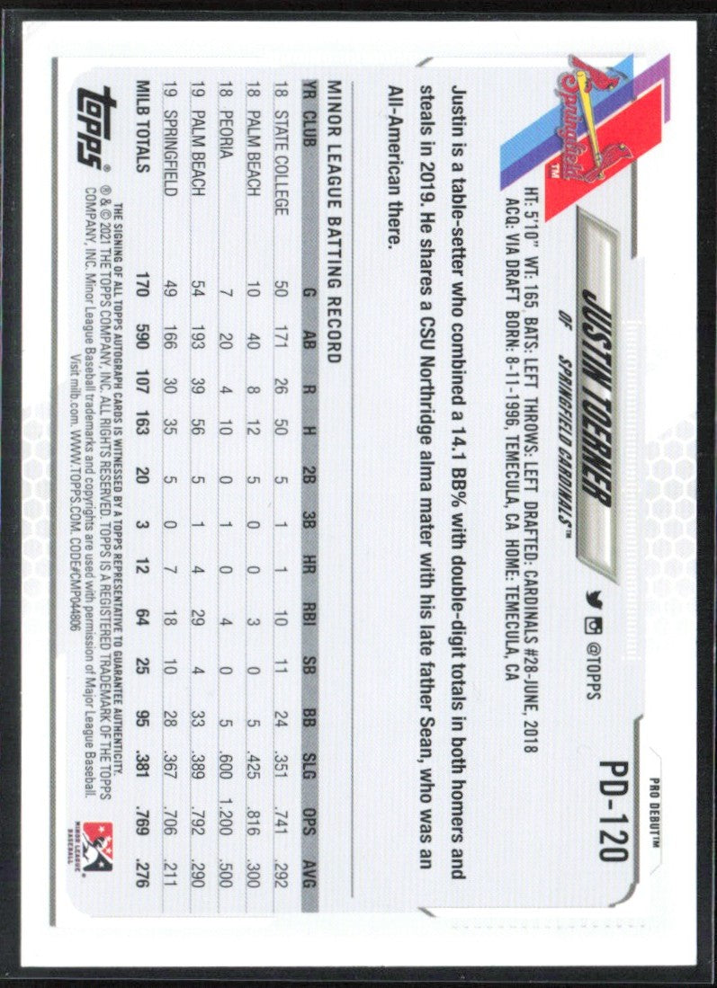 Justin Toerner 2021 Topps Pro Debut AUTO #PD-120 Springfield Cardinals