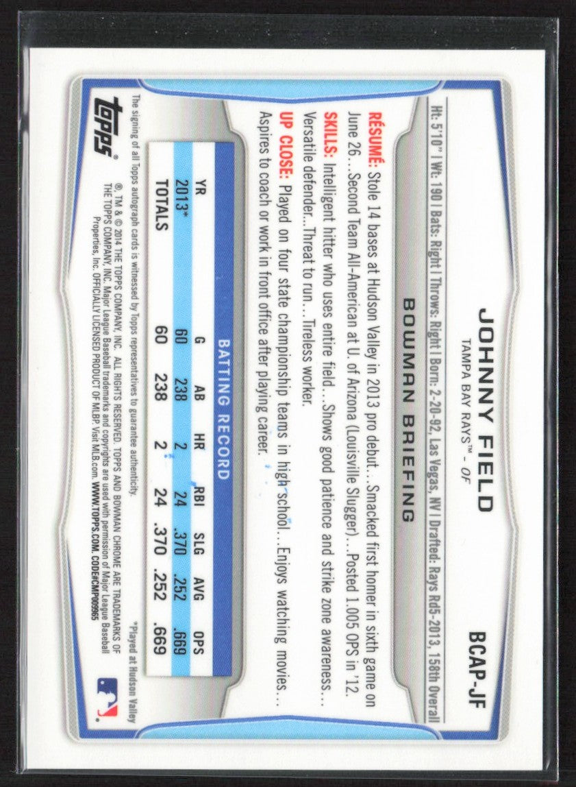 Johnny Field 2014 Bowman Chrome 1st AUTO #BCAP-JF Tampa Bay Rays